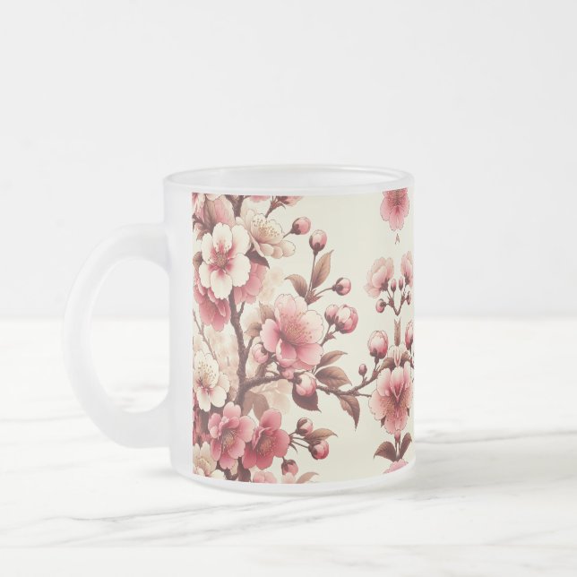 Cherry Blossom Frosted Glass Coffee Mug (Left)