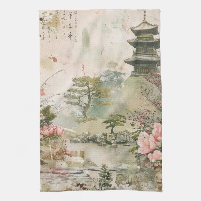 Cherry Blossom Garden Scene (3) Kitchen Towel (Vertical)