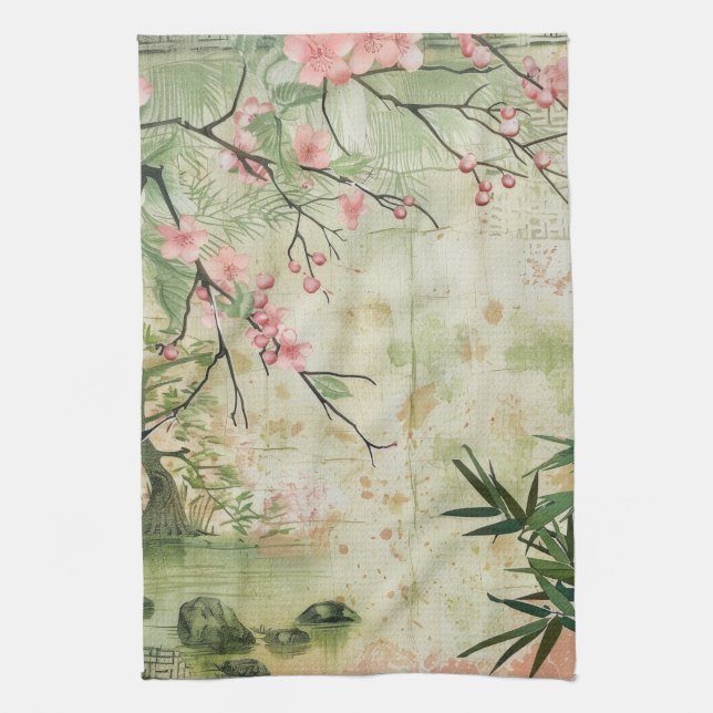 Cherry Blossom Garden Scene (5) Kitchen Towel (Vertical)