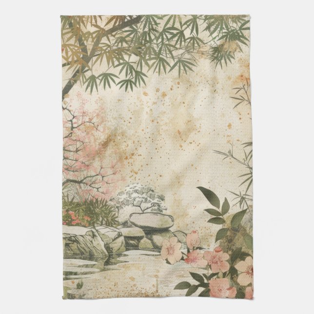 Cherry Blossom Garden Scene (8) Kitchen Towel (Vertical)