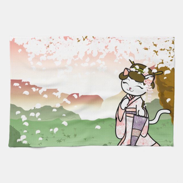 Cherry Blossom Geisha Kitty Towel (Horizontal)