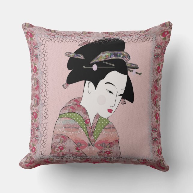 Cherry Blossom Geisha Throw Pillow (Front)