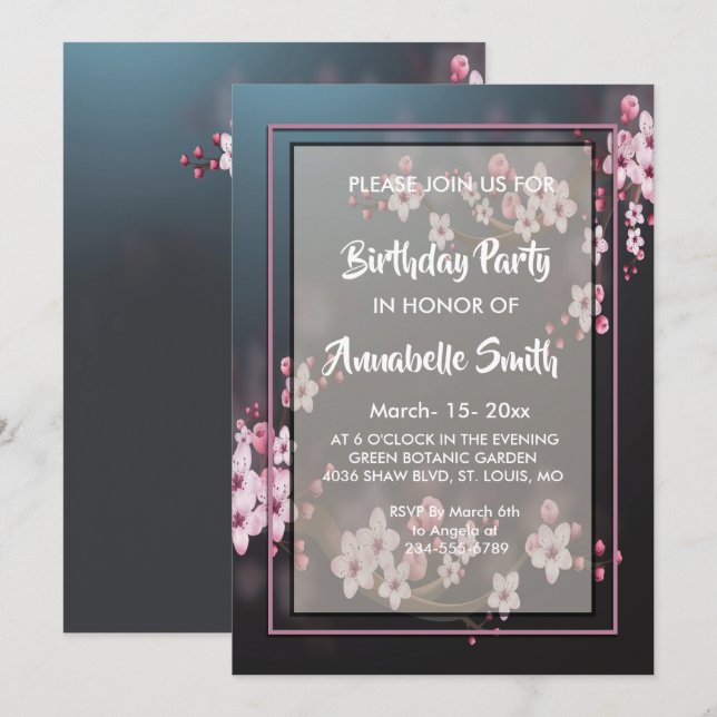 Cherry Blossom Geometric Floral Birthday Party Invitation (Front/Back)
