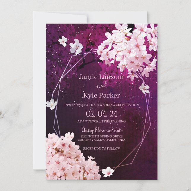 Cherry Blossom Geometric Floral Wedding Invitation (Front)
