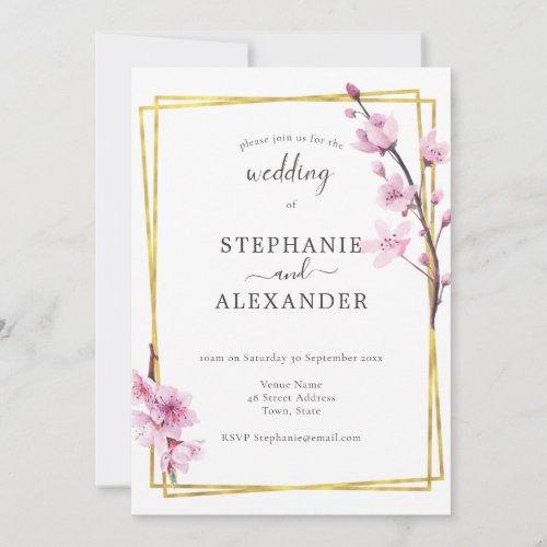 Cherry Blossom  Gold Frame Wedding Invitation