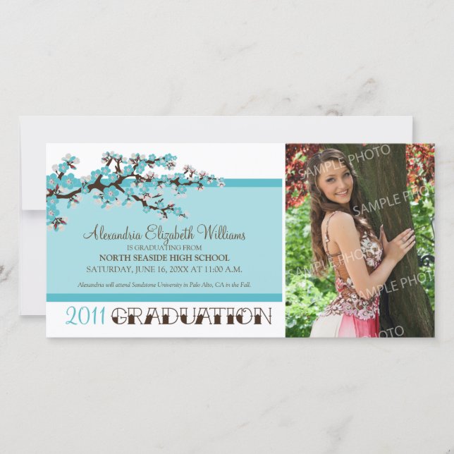 Cherry Blossom Graduation Announcement (aqua) (Front)