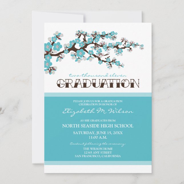 Cherry Blossom Graduation Announcement (aqua) (Front)