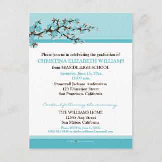 Cherry Blossom Graduation Announcement (aqua) Postcard