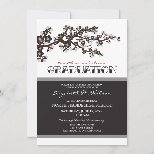Cherry Blossom Graduation Announcement (black) (Front)