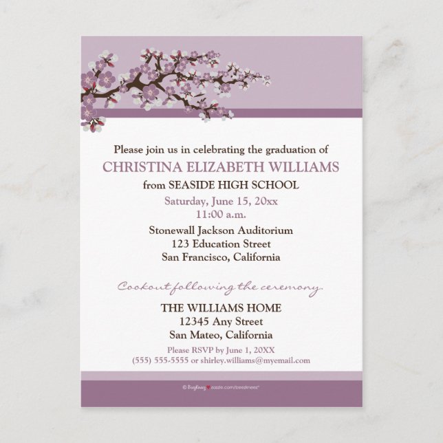 Cherry Blossom Graduation Announcement (purple) (Front)