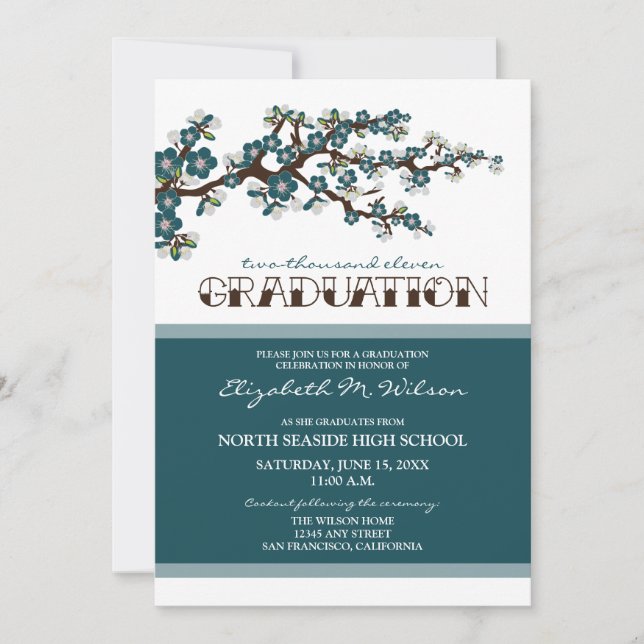 Cherry Blossom Graduation Announcement (teal) (Front)