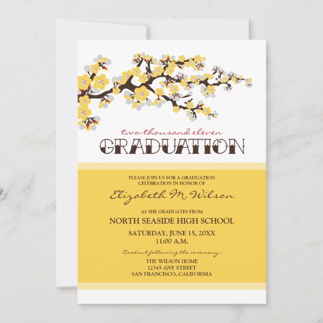 Cherry Blossom Graduation Announcement (yellow) (Front)