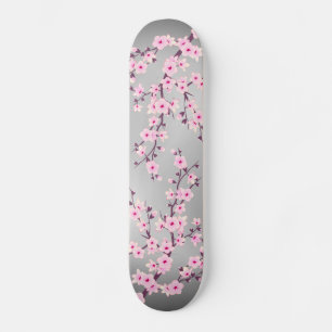 Cherry Blossom Gray Pink Asia Floral Skateboard