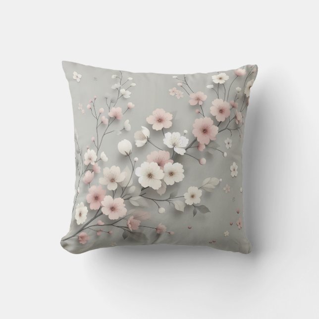 Cherry Blossom Gray Pink Japanese Floral  Throw Pillow (Front)