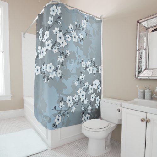 Cherry Blossom Grayish Blue Floral  Shower Curtain