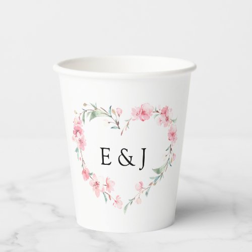 Cherry Blossom Heart Monogram Wedding Paper Cups