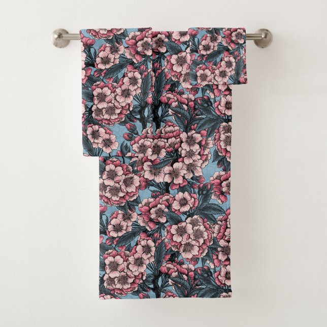 Cherry blossom in pink and blue bath towel set (Insitu)
