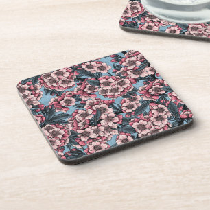 Cherry blossom in pink and blue beverage coaster