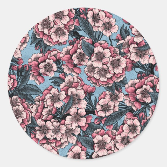 Cherry blossom in pink and blue classic round sticker (Front)