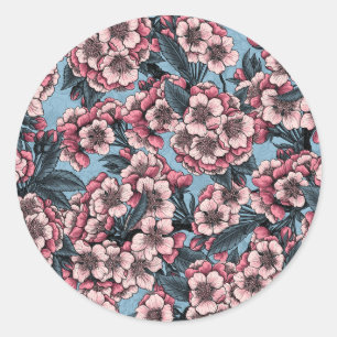 Cherry blossom in pink and blue classic round sticker