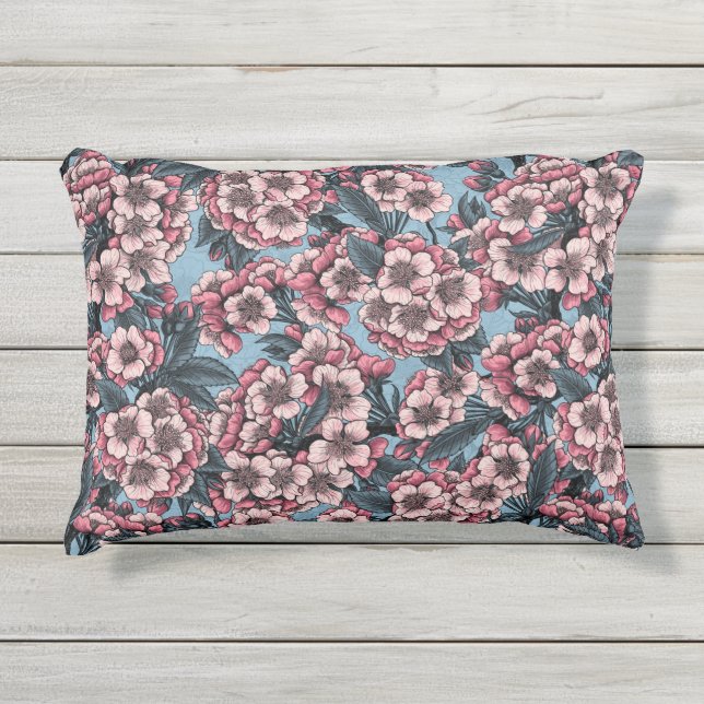 Cherry blossom in pink and blue outdoor pillow (Front)