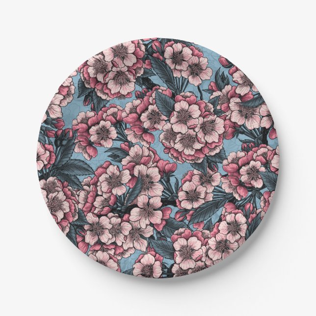 Cherry blossom in pink and blue paper plates (Front)