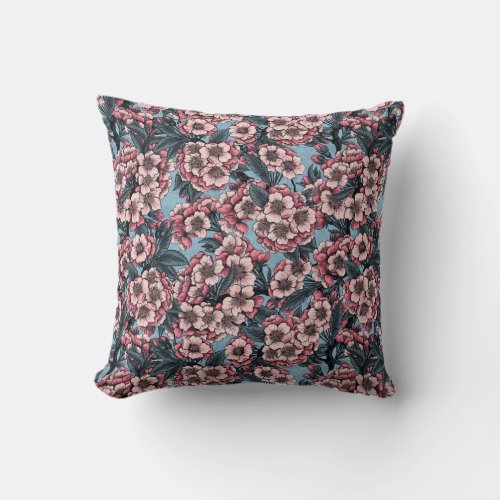 Cherry blossom in pink and blue throw pillow