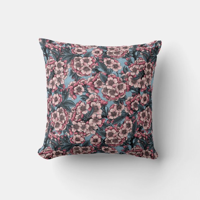 Cherry blossom in pink and blue throw pillow (Front)