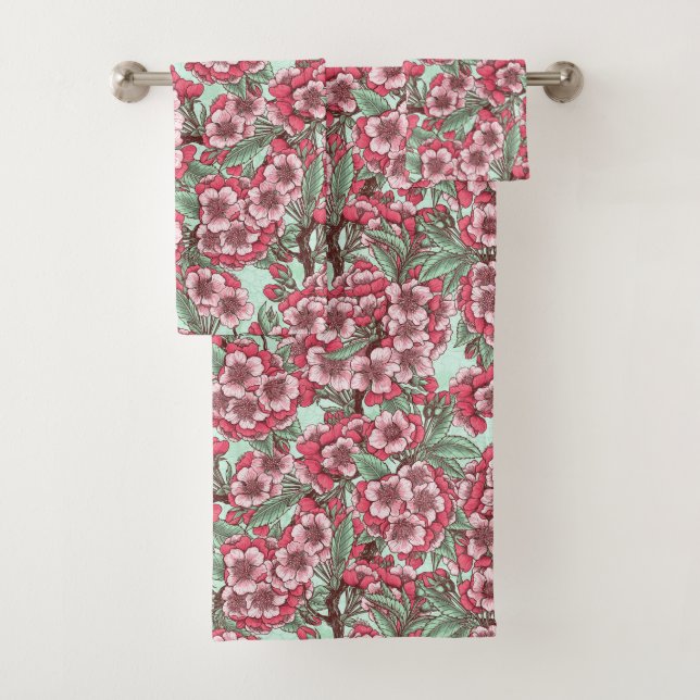 Cherry blossom in pink and mint bath towel set (Insitu)