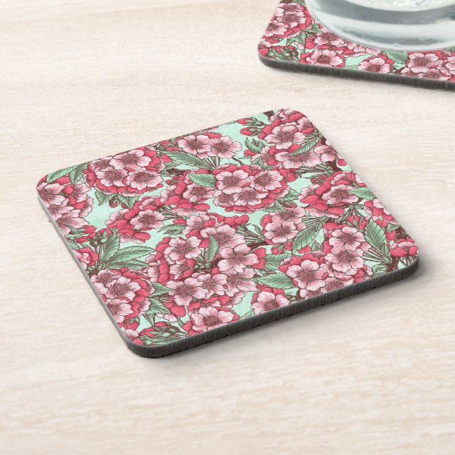 Cherry blossom in pink and mint beverage coaster (Left Side)