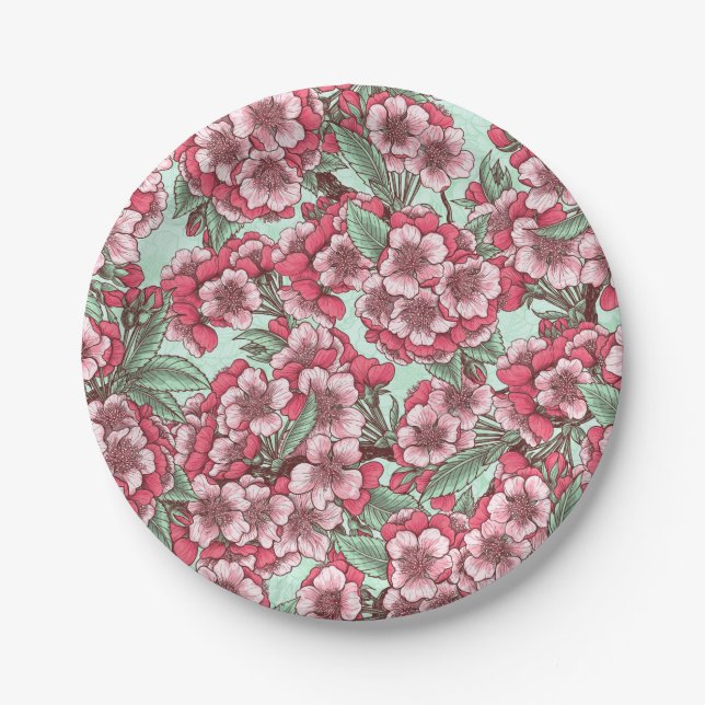 Cherry blossom in pink and mint paper plates (Front)