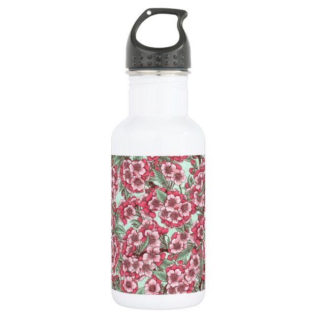 Cherry blossom in pink and mint stainless steel water bottle (Front)