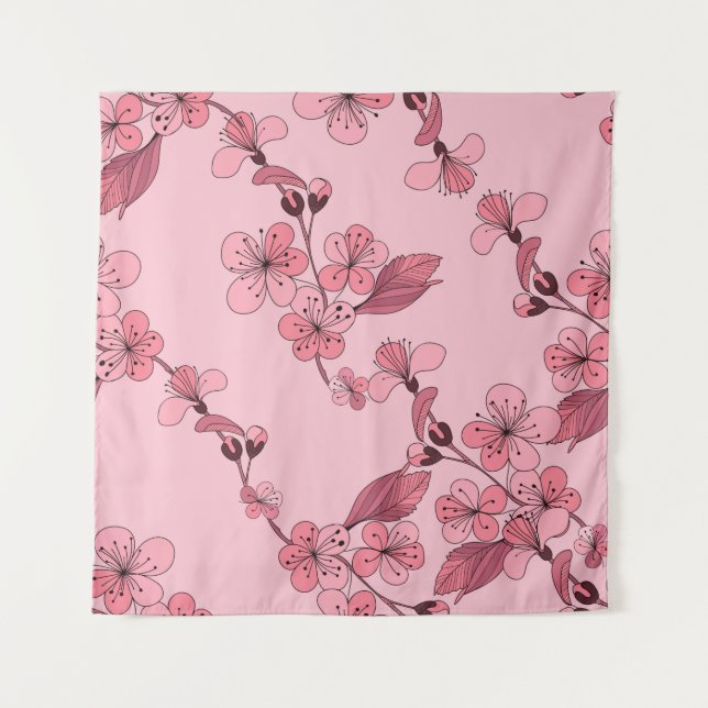 Cherry blossom in pink colour on white background. tapestry (Front)