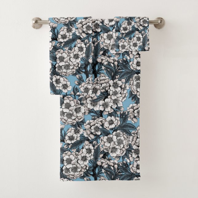 Cherry blossom in white and blue bath towel set (Insitu)