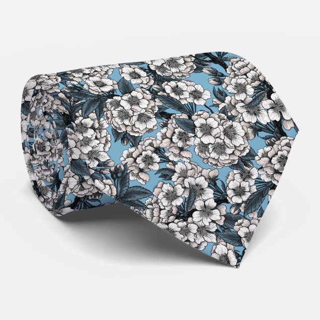Cherry blossom in white and blue neck tie (Rolled)
