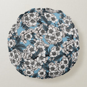 Cherry blossom in white and blue round pillow