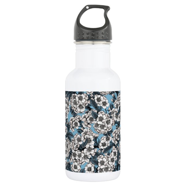 Cherry blossom in white and blue stainless steel water bottle (Front)