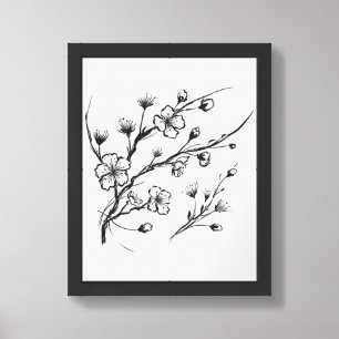 Cherry Blossom Ink Line Drawing Framed Art