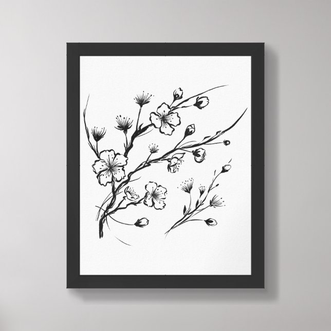 Cherry Blossom Ink Line Drawing Framed Art (Framed Front)