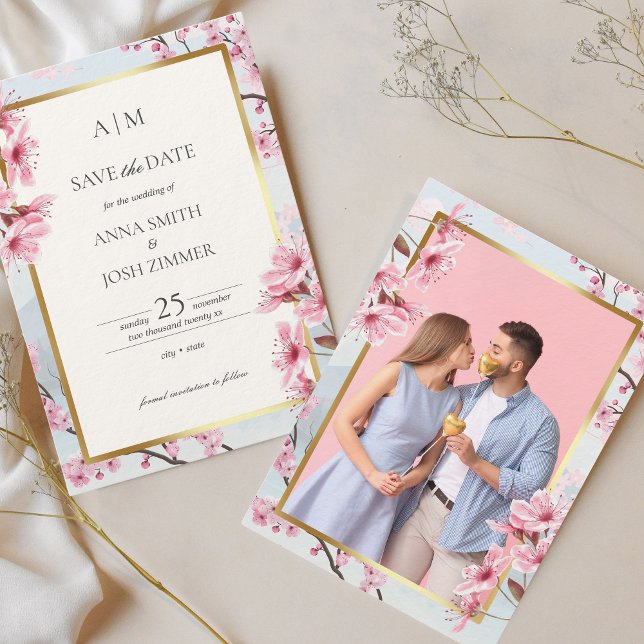 Cherry Blossom Japan Elegant Blush Gold Photo Save The Date (Cherry Blossom Wedding Save the Date Photo)