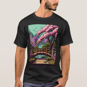 Cherry Blossom Japanese bridge retro 16bit video g T-Shirt