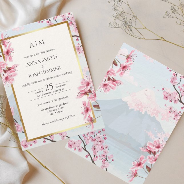 Cherry Blossom Japanese Elegant Gold Wedding Invitation (Cherry Blossom Wedding Invitation)