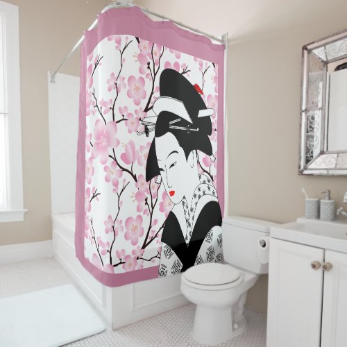 cherry blossom japanese geisha pink black shower curtain