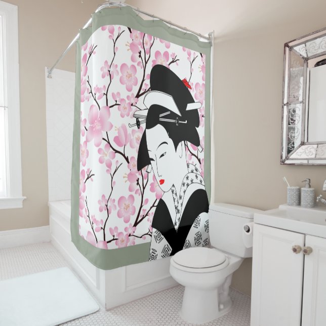 cherry blossom japanese geisha pink grey gray 2 shower curtain (In Situ)