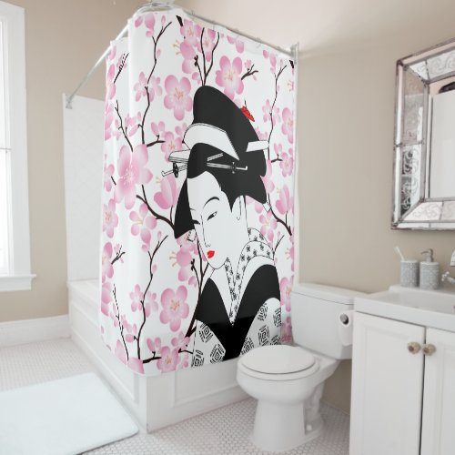 cherry blossom japanese geisha pink white shower curtain