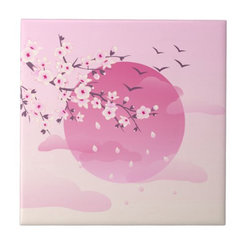 Cherry Blossom Japanese Landscape Pink Ceramic Tile