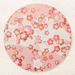 Cherry Blossom Japanese Pattern Round Paper Coaster