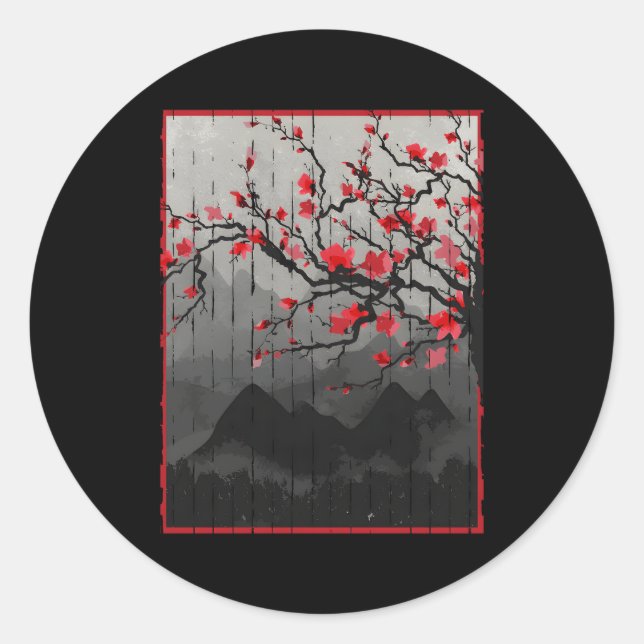Cherry Blossom Japanese Woodblock Classic Round Sticker (Front)