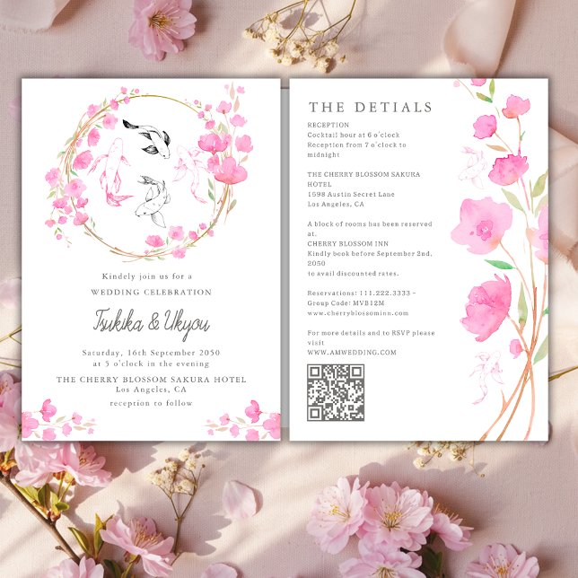 Cherry Blossom Koi Fish QR Code All In One Wedding Invitation (Creator Uploaded)