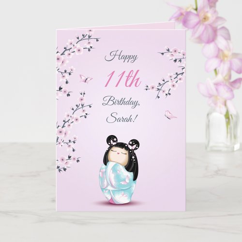 Cherry Blossom Kokeshi Doll  Girls Birthday Card